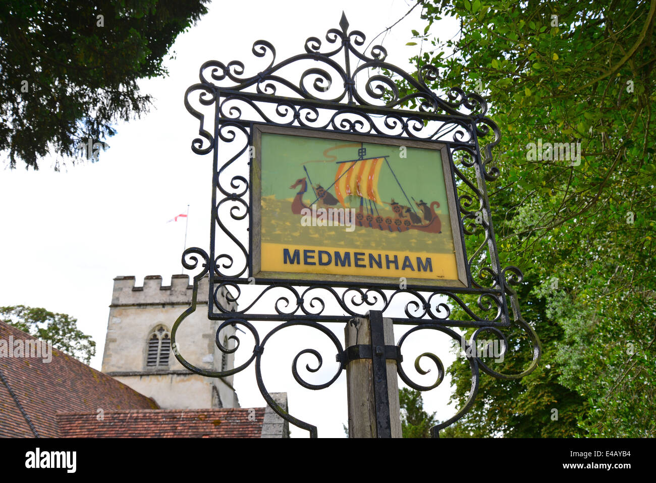 Village sign, Medmenham, Buckinghamshire, England, United Kingdom Stock Photo