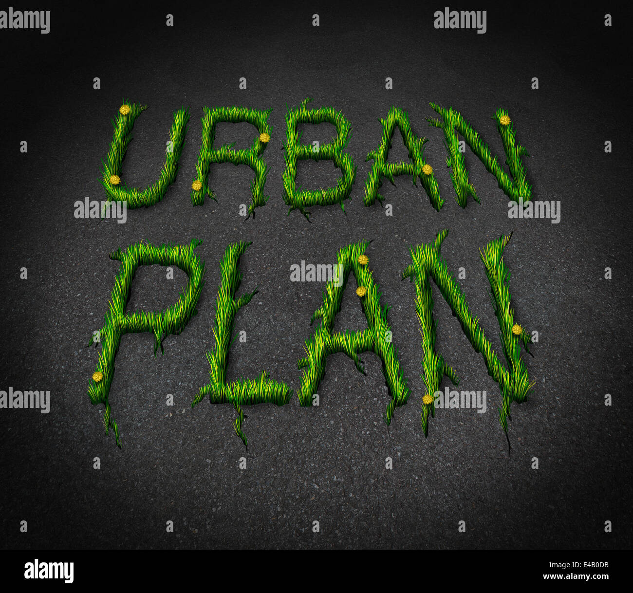 Urban plan concept as an asphalt city floor with cracks shaped as text and grass emerging as a renewal and neighborhood recovery development symbol and metaphor for responsible construction planning. Stock Photo
