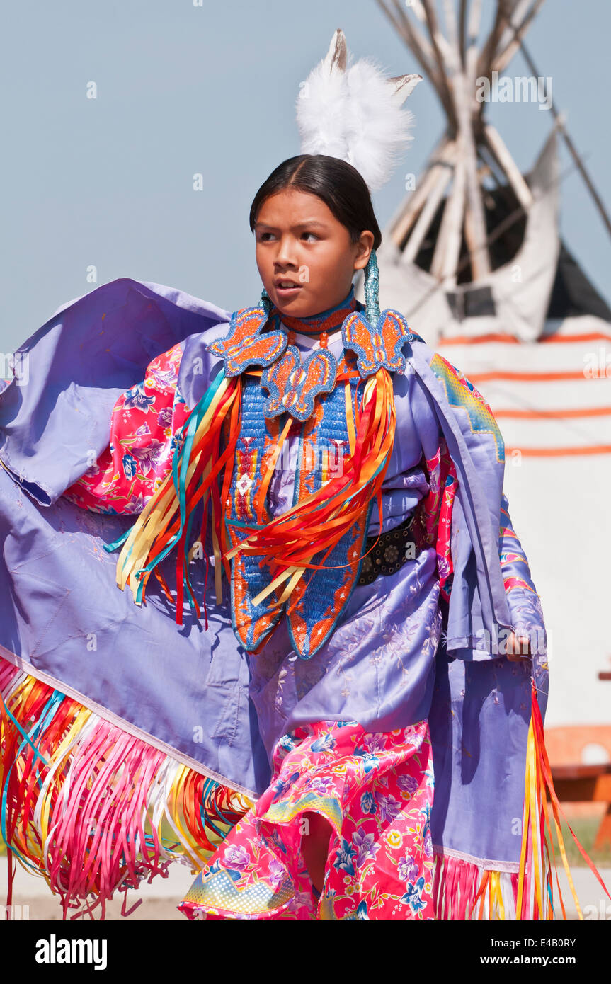 Girl's fancy or shawl dancer, Pow-wow, Blackfoot Crossing Historical Park,  Alberta, Canada Stock Photo - Alamy