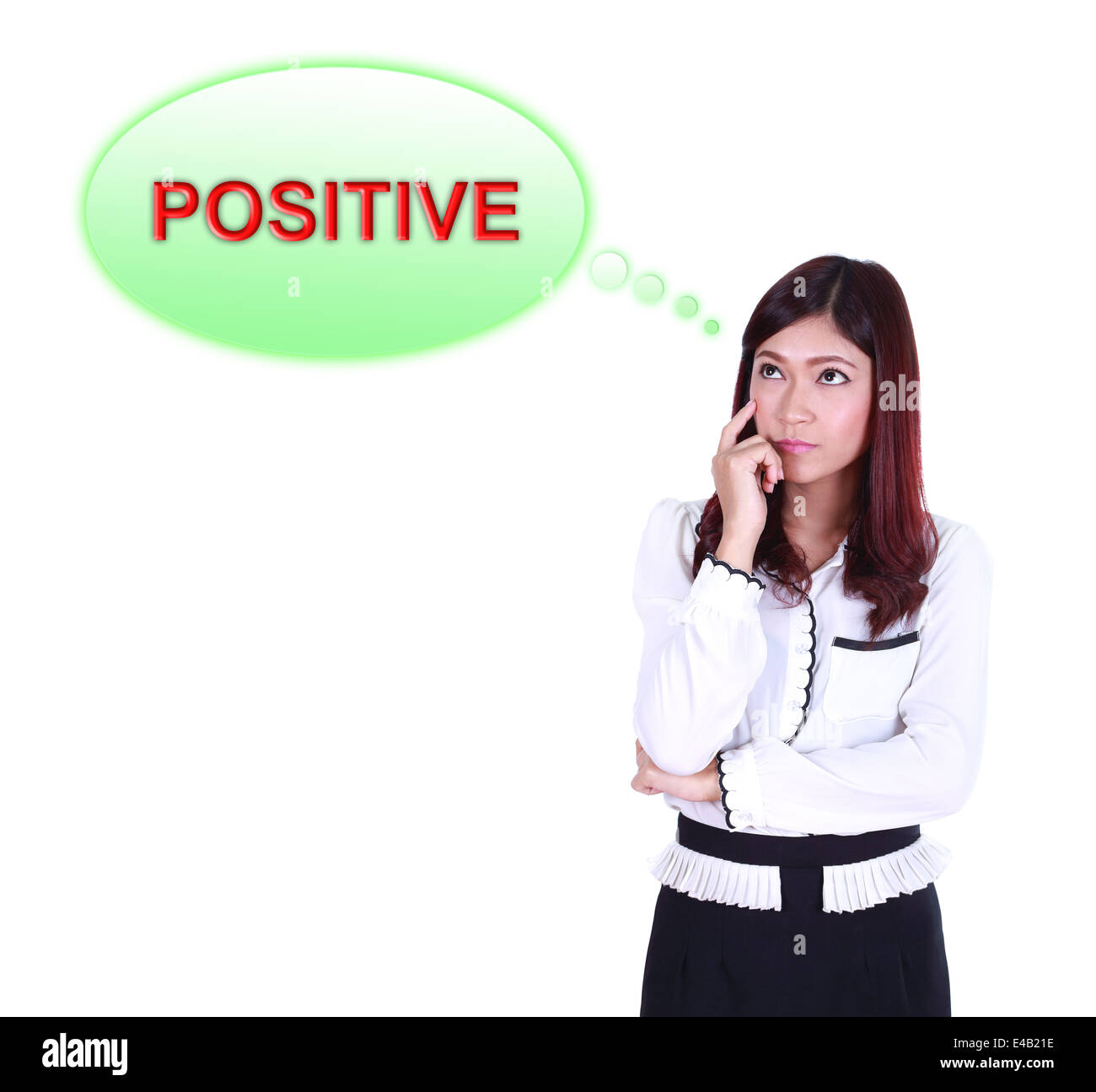 Business woman thinking about positive thinking isolated on white background Stock Photo