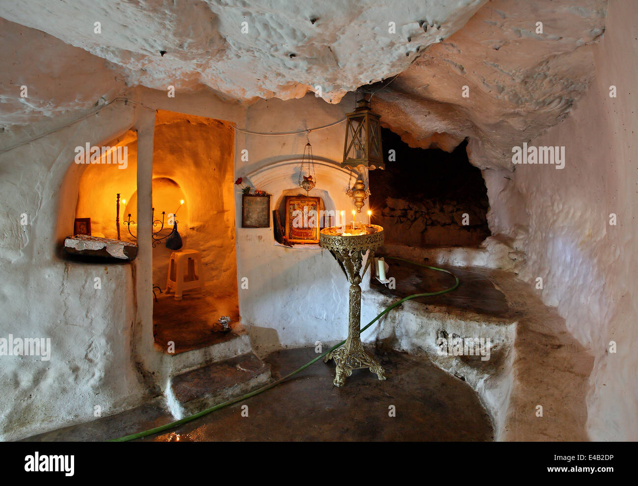 Inside the "cavechurch" of  Panagia Kyra Psili monastery, Kalymnos island, Dodecanese, Aegean sea, Greece. Stock Photo