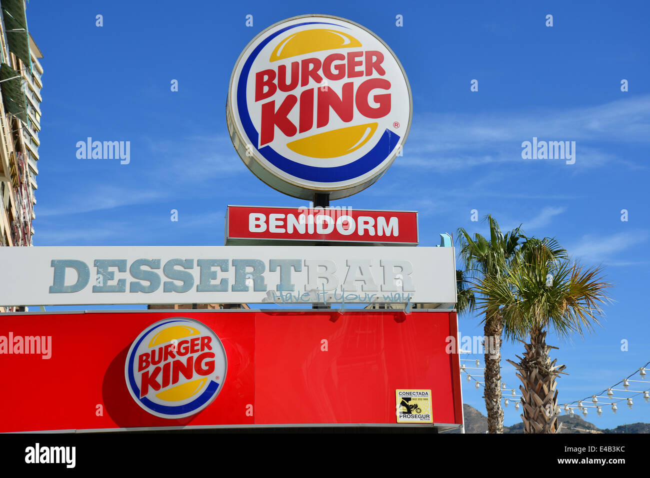 Burger King restaurant on seafront esplanade, Playa de Levante, Benidorm, Costa Blanca, Alicante Province, Kingdom of Spain Stock Photo