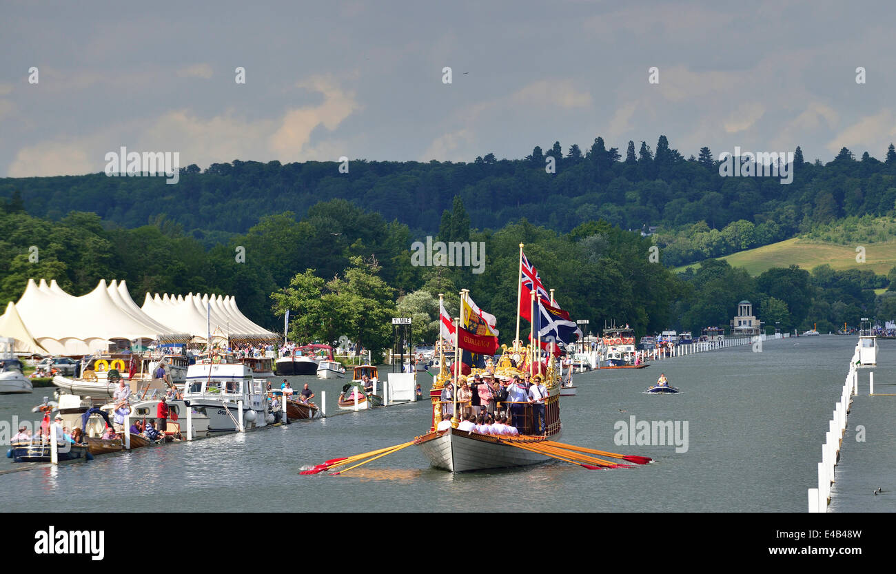 Henley on Thames, UK.   'Gloriana, the rowing barge built for the Queen's Diamond Jubilee, took to the water again on 6 July, laden with dignitaries and race officials, to mark the 175th anniversary of the founding of Henley Royal Regatta, that had enthralled supporters and spectators for five days . Westminster School Boat Club commemorated their 200th Anniversary by rowing Gloriana, Stock Photo