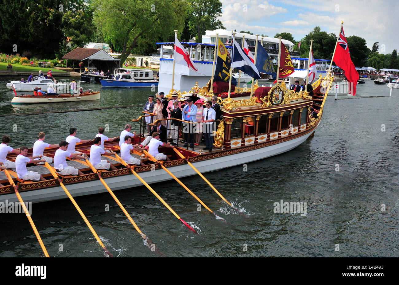 Henley on Thames,  'Gloriana, the rowing barge built for the Queen's Diamond Jubilee, took to the water again on 6 July, laden with dignitaries and race officials, to mark the 175th anniversary of the founding of Henley Royal Regatta, that had enthralled supporters and spectators for five days . Westminster School Boat Club commemorated their 200th Anniversary by rowing Gloriana, Stock Photo