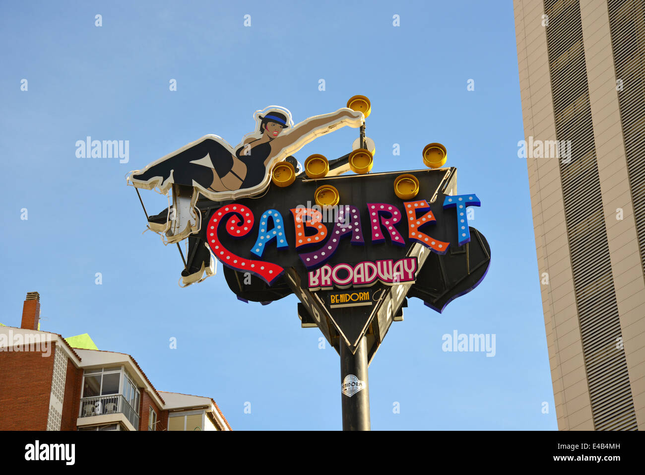 Cabaret Broadway neon sign, Calle Gerona, Benidorm, Costa Blanca, Alicante Province, Kingdom of Spain Stock Photo