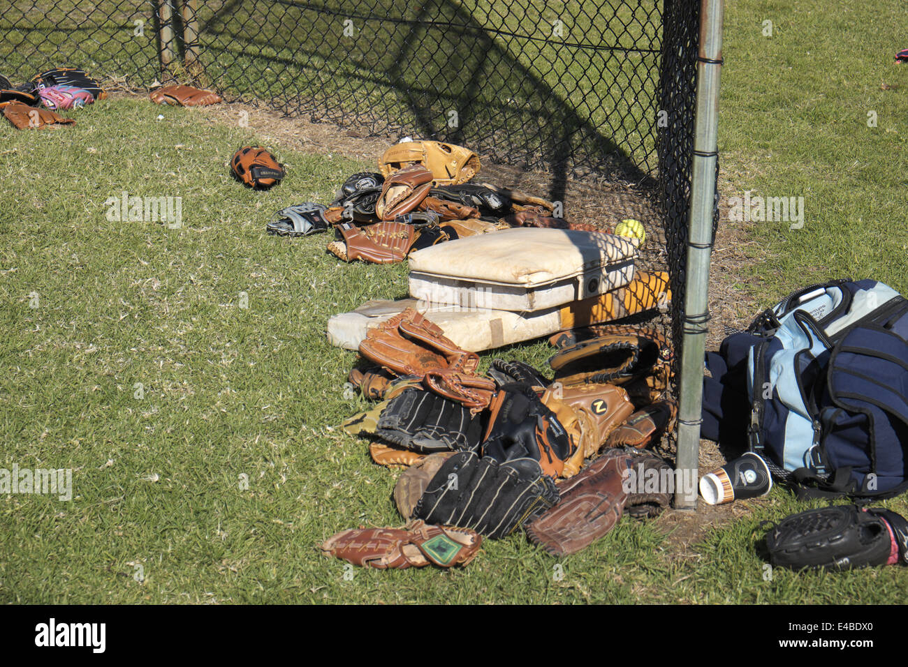 softball gloves stored by the nets, sydney,australia Stock Photo Alamy