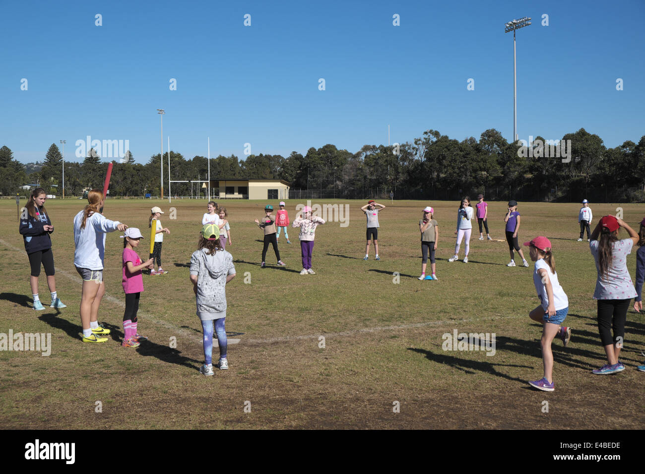 young girls learning to play softball on a winters day in narrabeen on Sydney's northern beaches,new south wales,australia Stock Photo