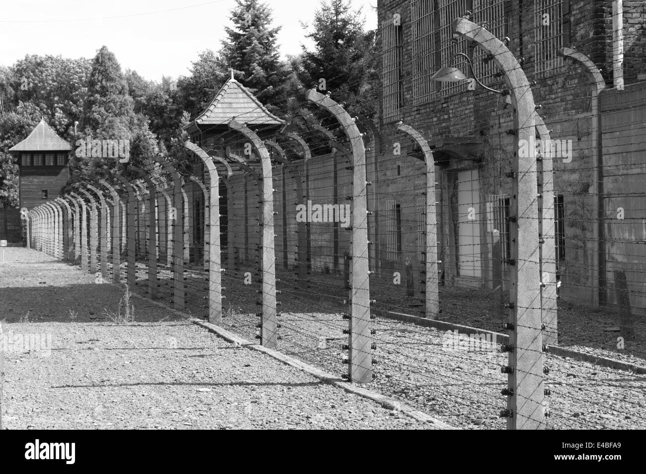 Barbed wire electrical fence at Auschwitz concentration camp, Poland Stock Photo