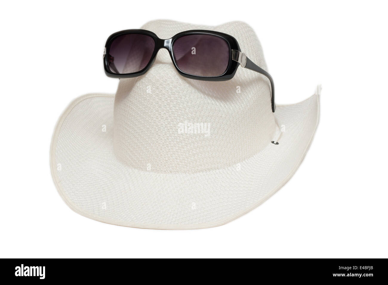 Hat and sunglasses on white background Stock Photo - Alamy
