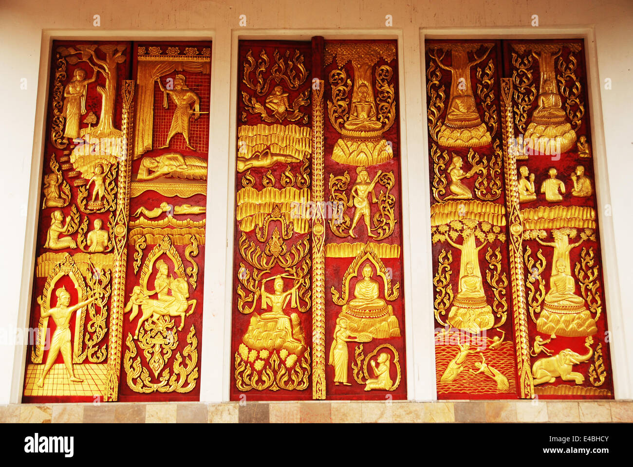 Ancient Golden carving wooden door Stock Photo