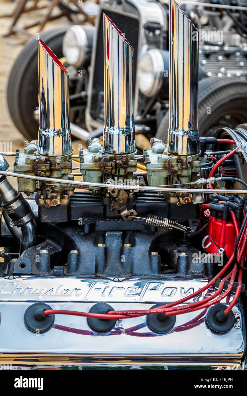 Close-up detail of the carburettor and air intakes of a Chrysler V8. Goodwood Festival of Speed, Sussex, UK. Stock Photo