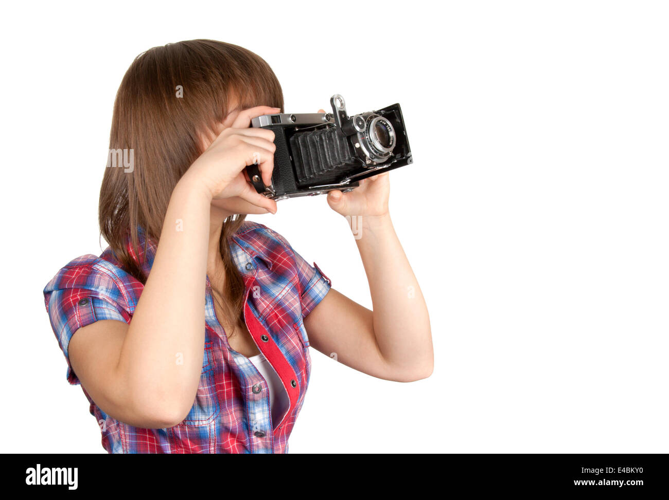 Young girl with old analog photo by camera Stock Photo Alamy