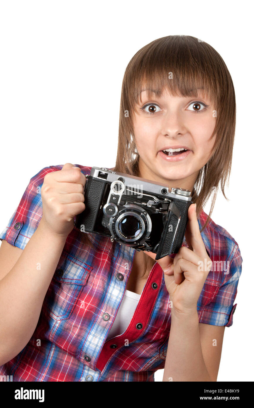 Young girl with old analog photo by camera Stock Photo Alamy