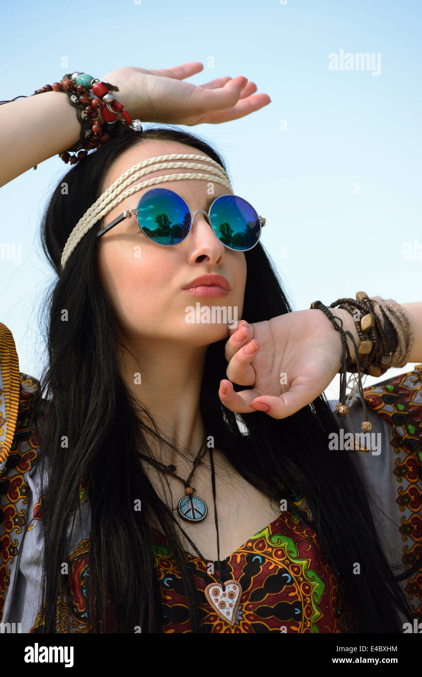 hippie girl in mirrored sunglasses Stock Photo