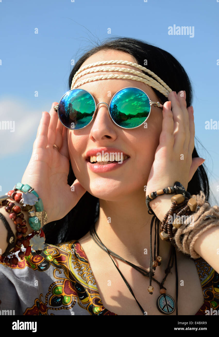 hippie girl in mirrored sunglasses Stock Photo