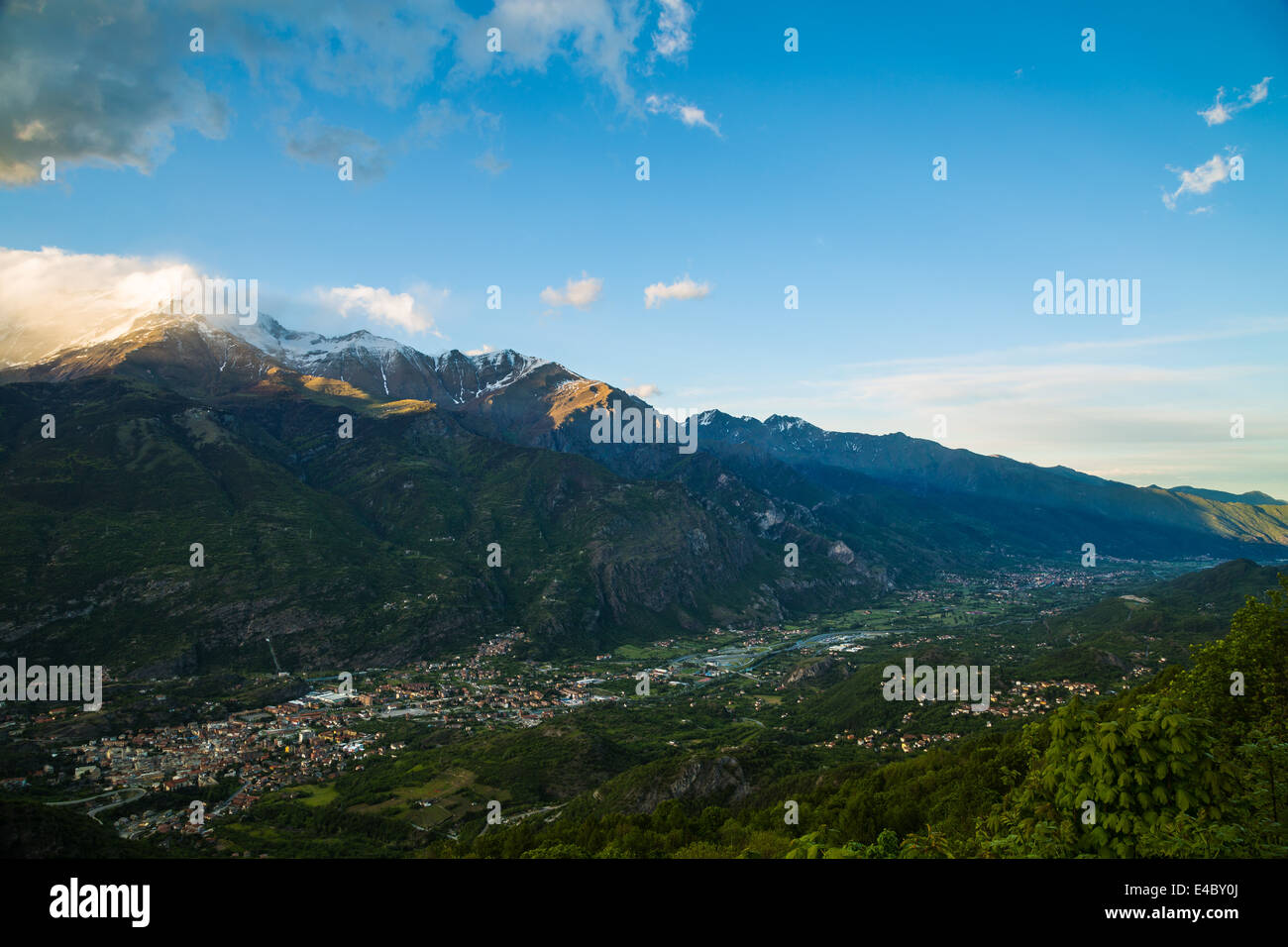 View east along the Susa Valley, Italy from Frais. The mountain of Rocciamelone (3538m) on the left. Stock Photo