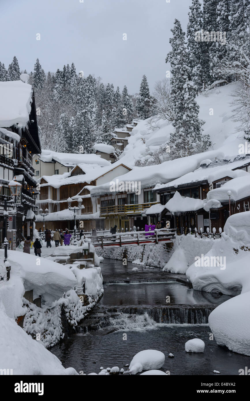 Historic District of Ginzan-onsen in winter Stock Photo