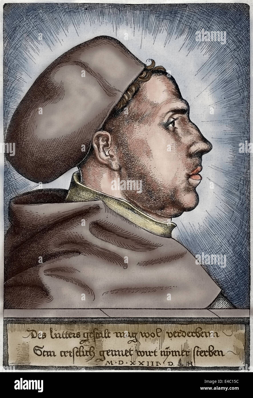 Martin Luther, (1483-1546). German reformer. Portrait. Engraving by Daniel Hopfer, 1523. Colored. Stock Photo