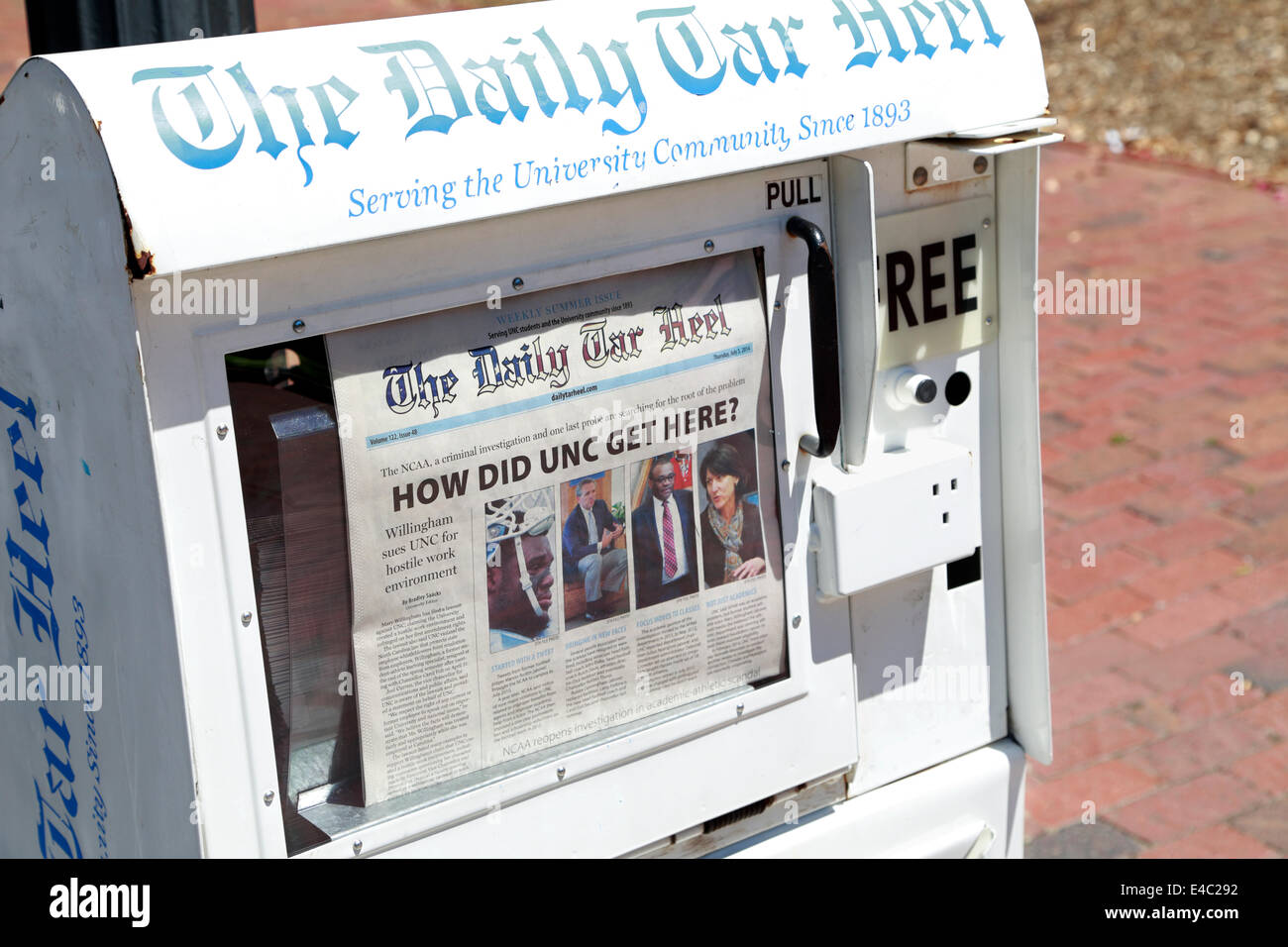 University of North Carolina at Chapel Hill, UNC, in trouble. News stand with the Daily Tar Heel