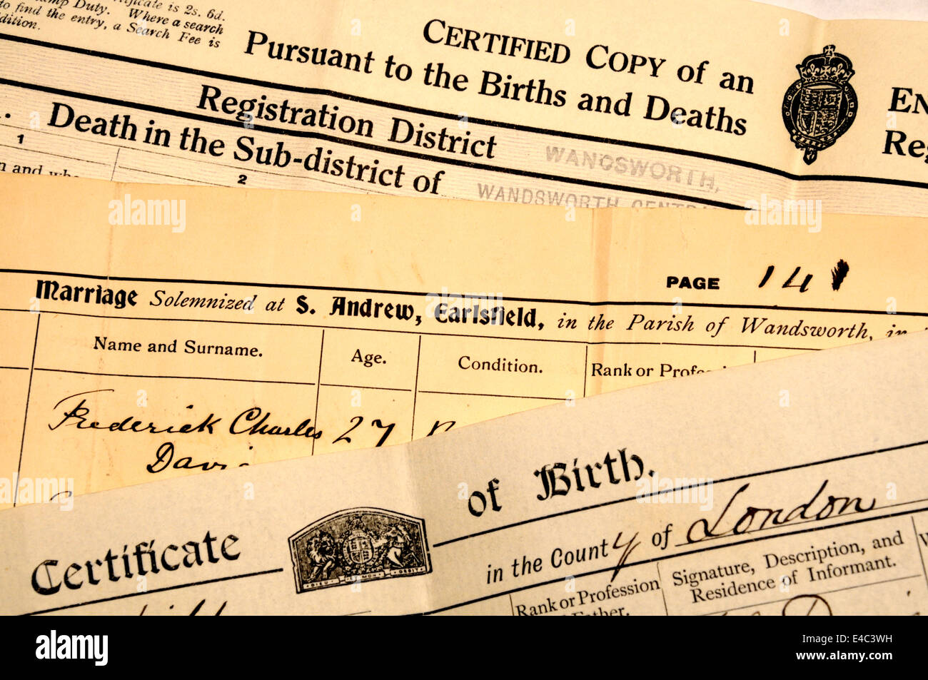 Certified copies of Birth, Marriage and Death registers Stock Photo