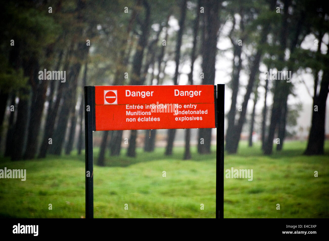 A warning sign of unexploded ordnance near the  the Canadian National Vimy Memorial Stock Photo