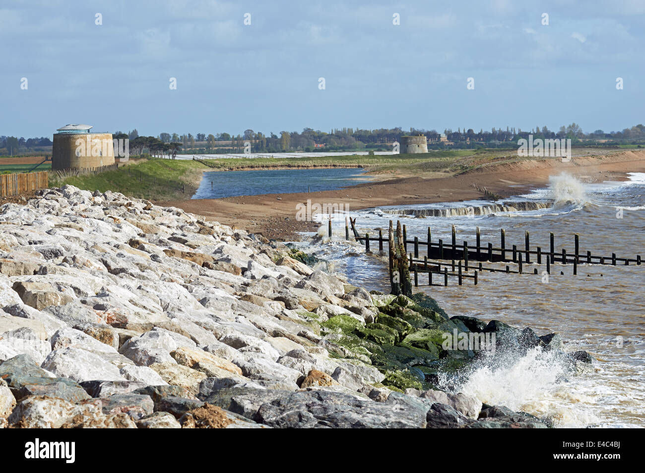 Rock armour protecting the coastline from erosion, East Lane, Bawdsey, Suffolk, UK. Stock Photo