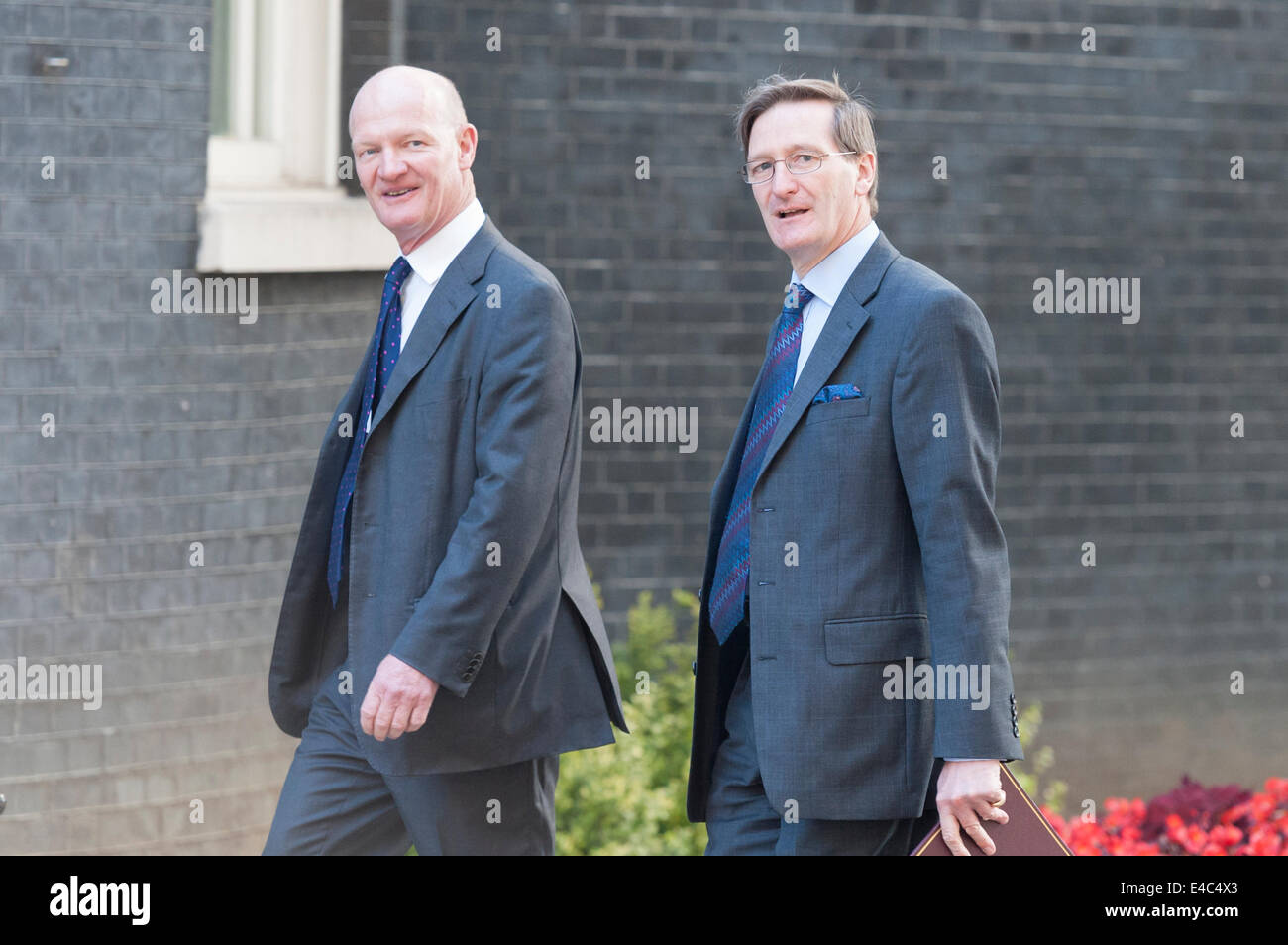 Downing Street, London, UK. 8th July 2014. UK government ministers attend 10 Downing Street in London for the weekly Cabinet Meeting. Pictured L-R: DAVID WILLETTS MP -  Minister of State for Universities and Science; Dominic Grieve QC MP - Attorney General. Credit:  Lee Thomas/Alamy Live News Stock Photo