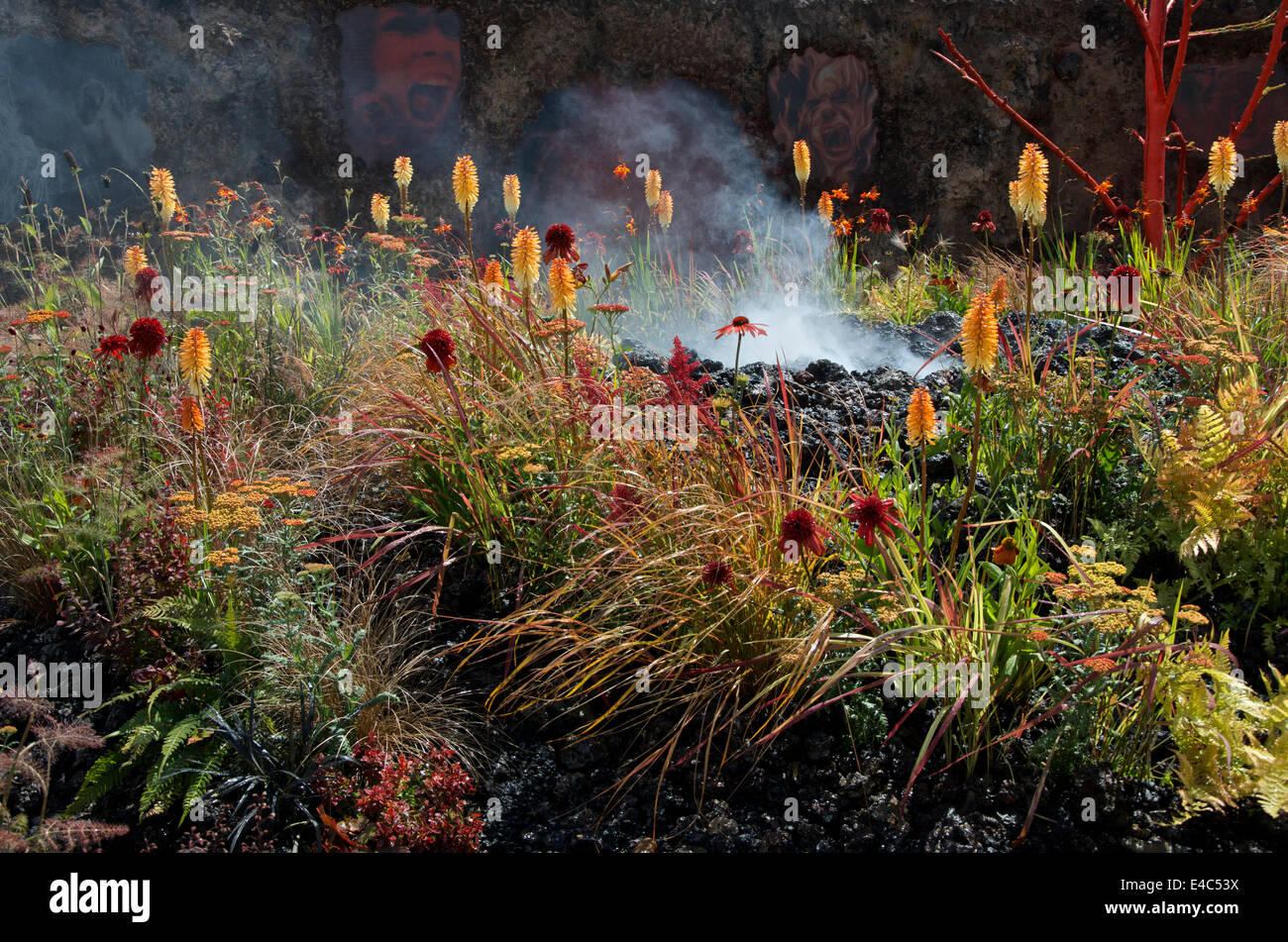 Gold medal winning Conceptual Garden,  Wrath - Eruption of Unhealed Anger designed by Nilufer Danis. The garden is inspired by volcanoes and their analogy to explosions of anger. Stock Photo