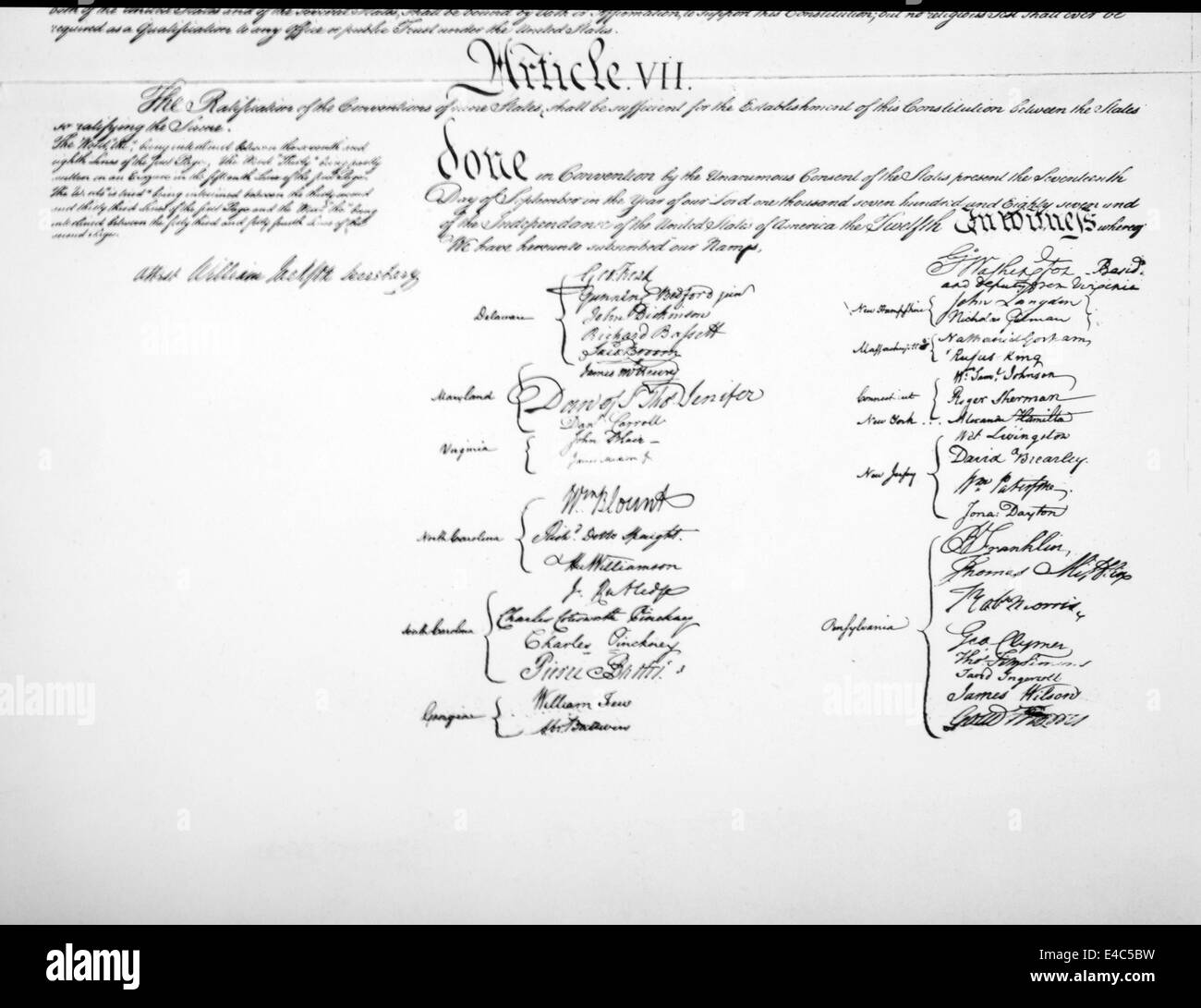 United States Constitution, Lower Half of Signature Page, 1787 Stock Photo