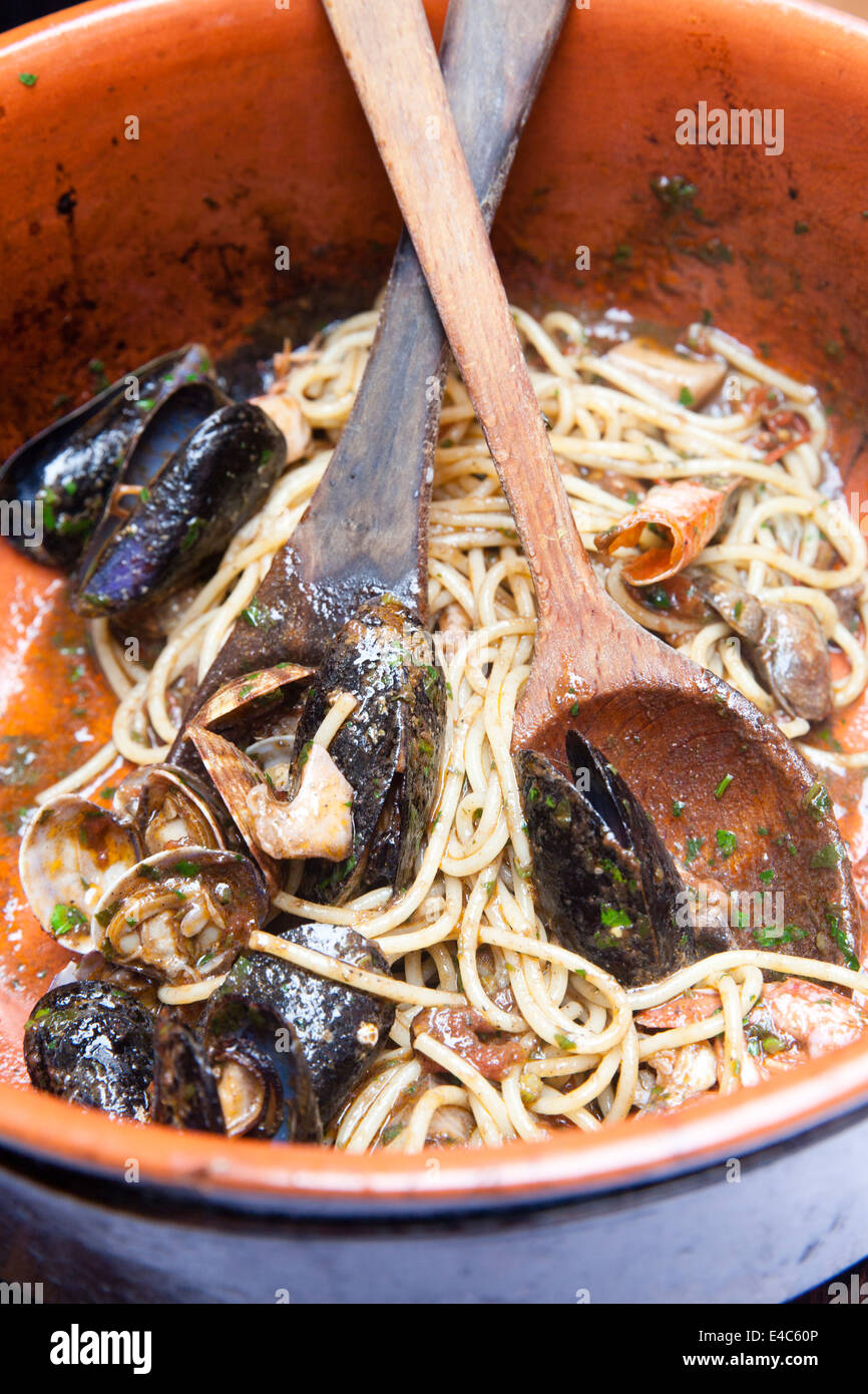 Seafood pasta dish, Monterosso, Cinque Terre, Liguria, Italy Stock Photo