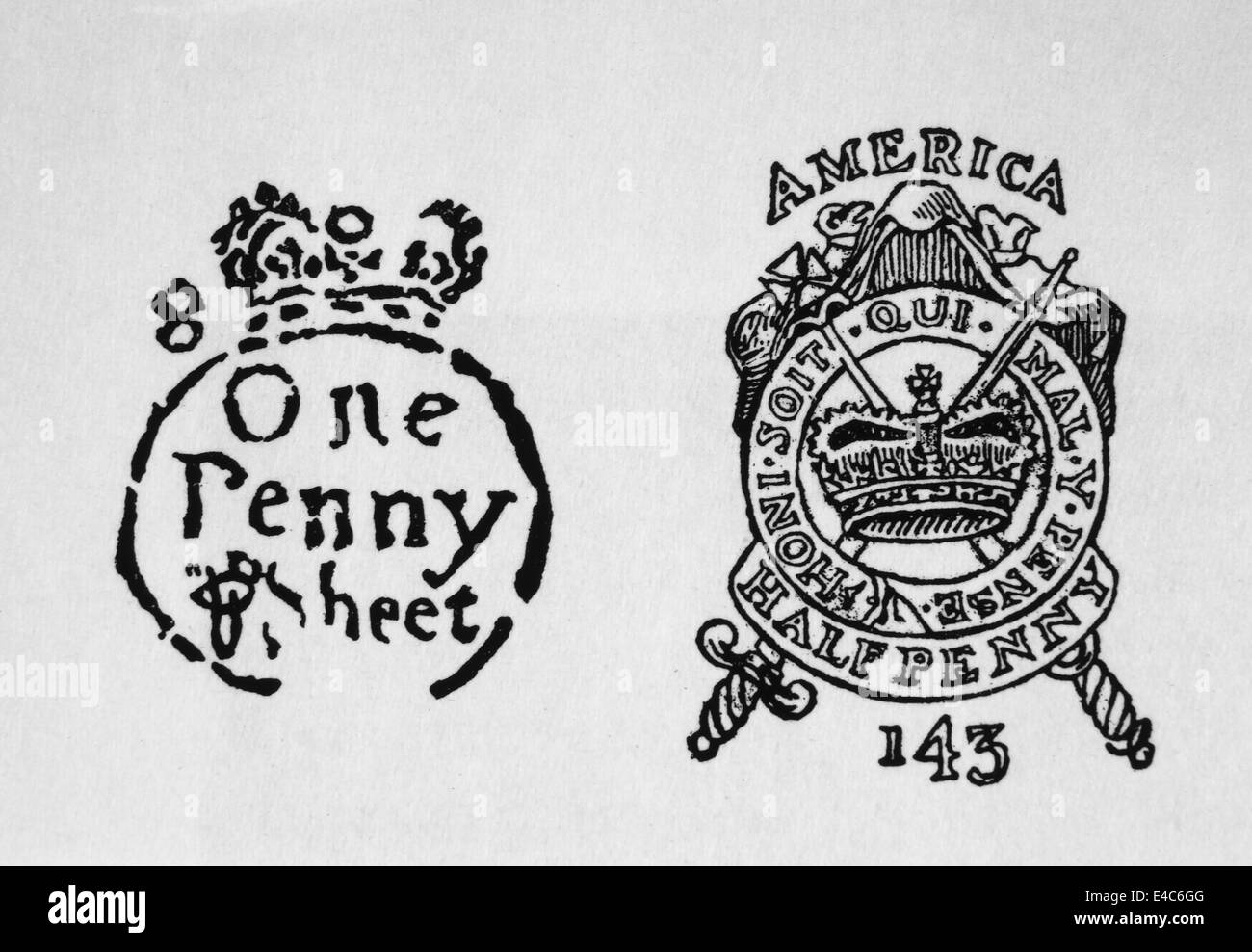 Tax Stamps for the American Colonies, Stamp Tax Act of 1765, Illustration Stock Photo