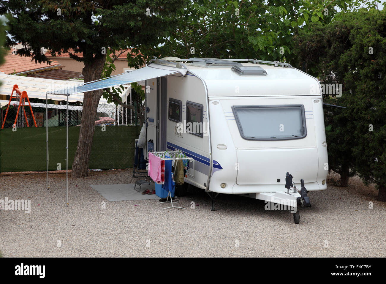 Caravan on a camping site in Spain Stock Photo