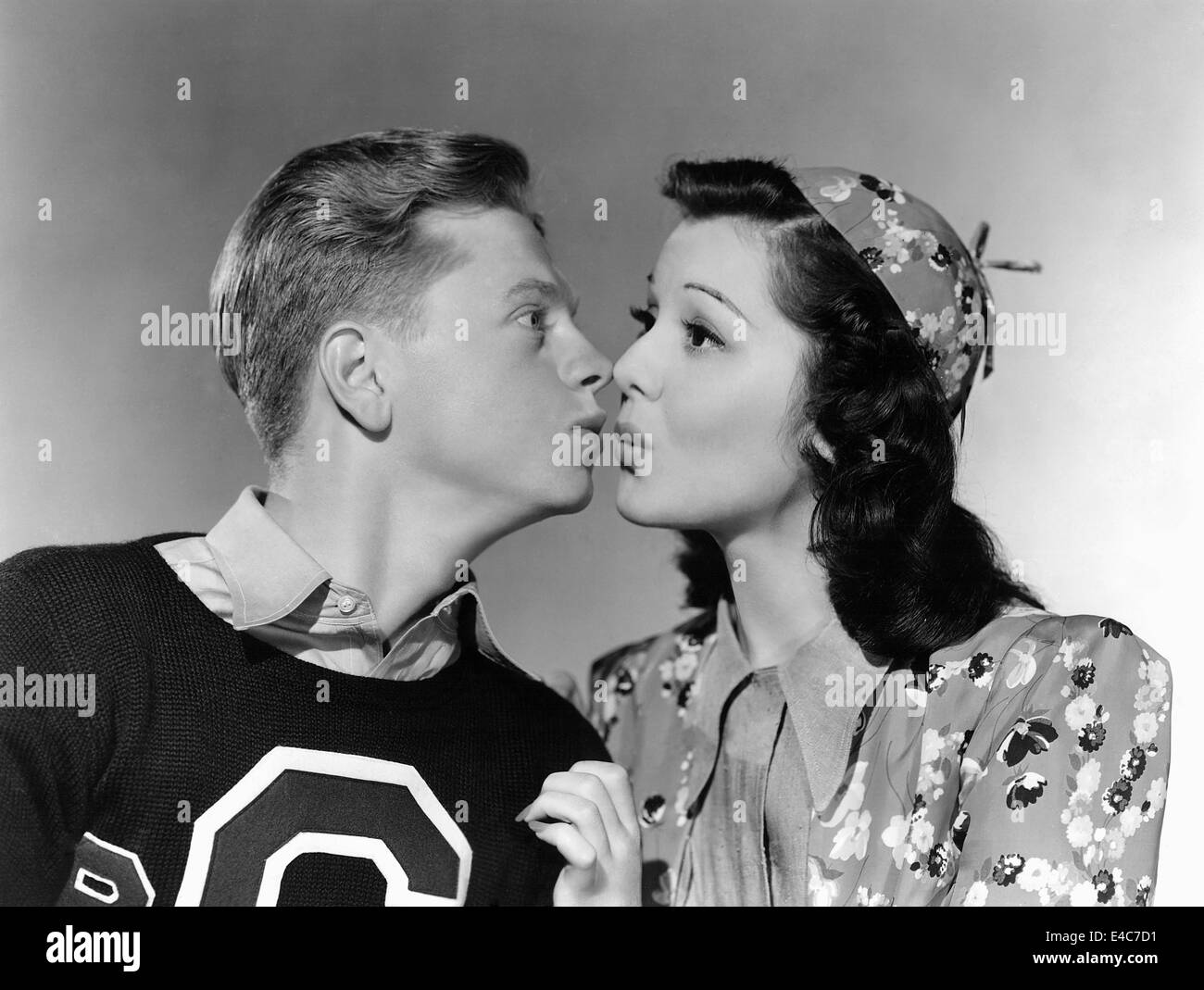 Mickey Rooney, Ann Rutherford, on-set of the Film, 'Out West with the Hardy's', 1938 Stock Photo