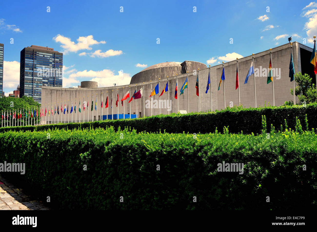NYC: The General Assembly Hall at the United Nations with flags of the member countries Stock Photo