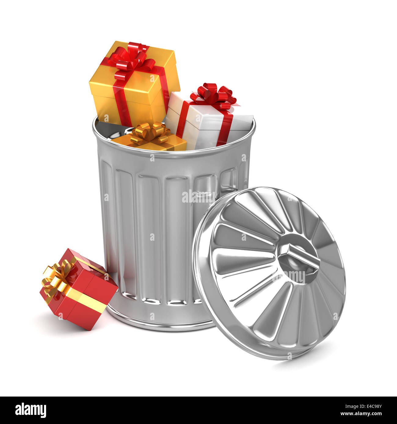 3d render of a trash can full of unwanted gifts Stock Photo