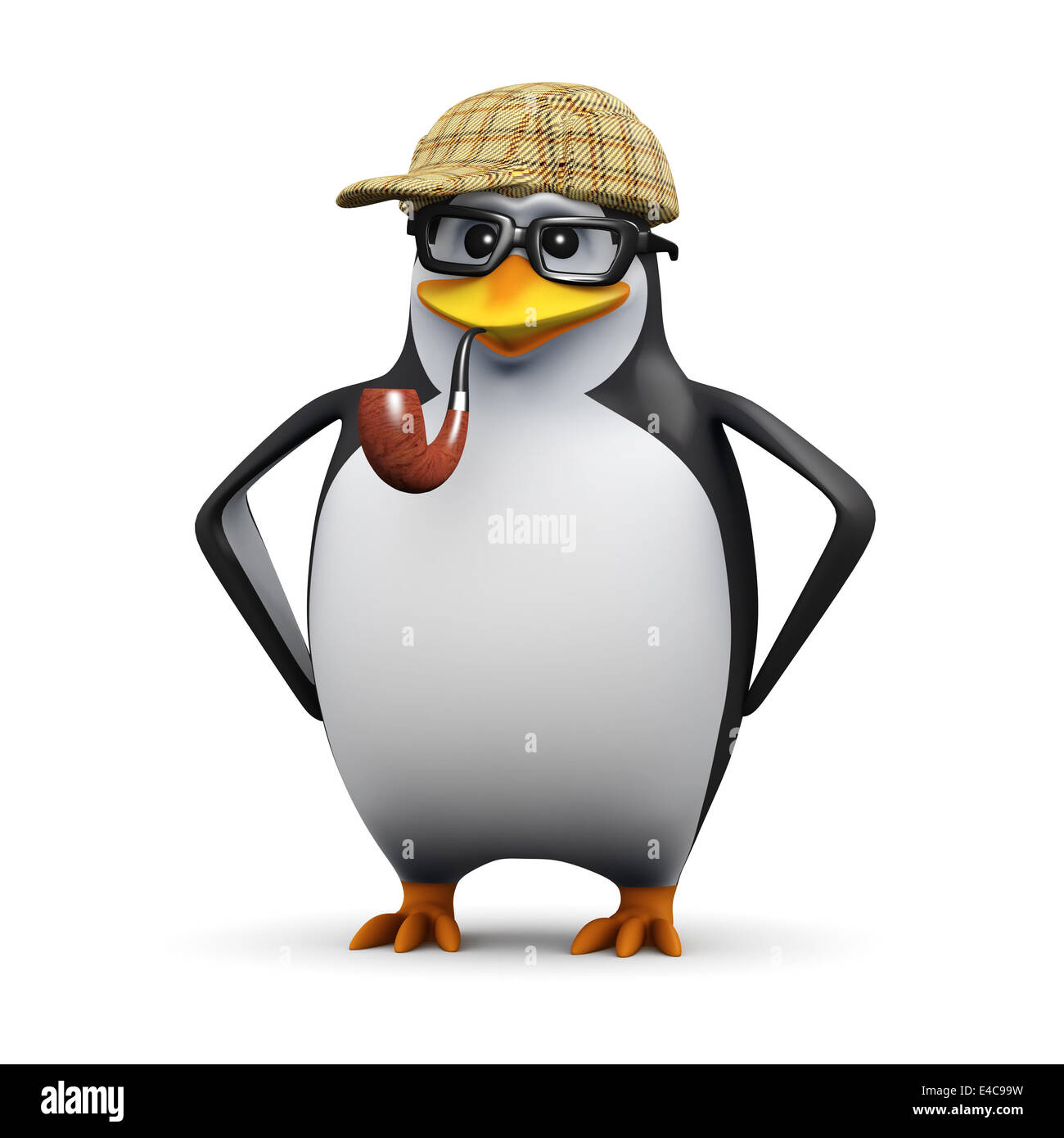 3d render of a penguin wearing glasses dressed as Sherlock Holmes Stock