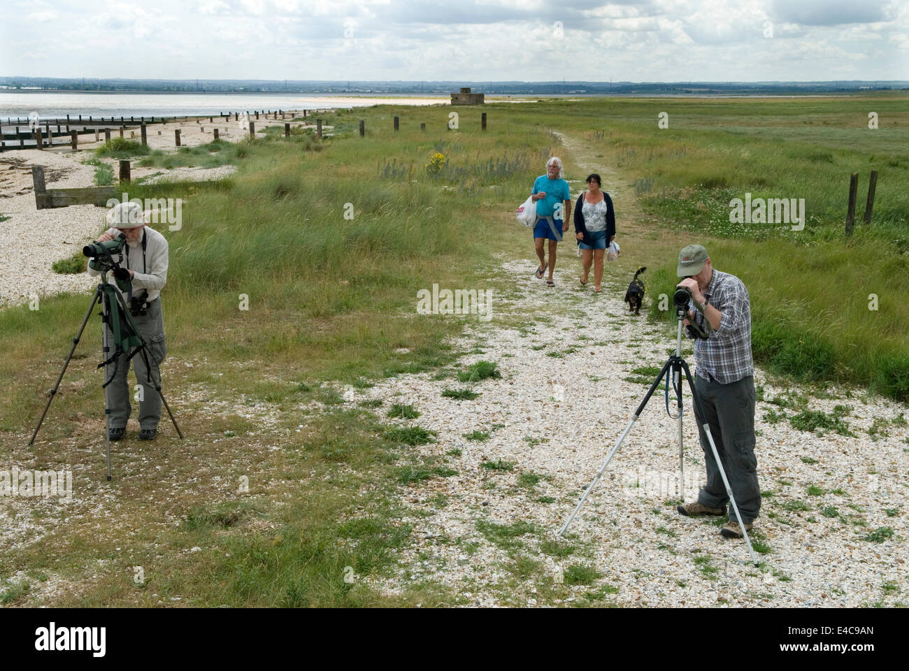 Shellness point, twitchers, bird watchers,  and holidaymakers near Leysdown. Isle of Sheppey Kent UK. 2014 2010s HOMER SYKES Stock Photo