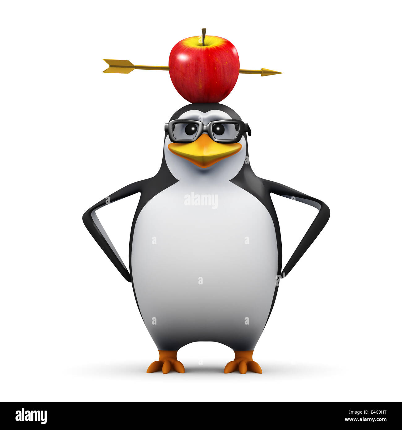 3d render of a penguin with an apple on his head Stock Photo