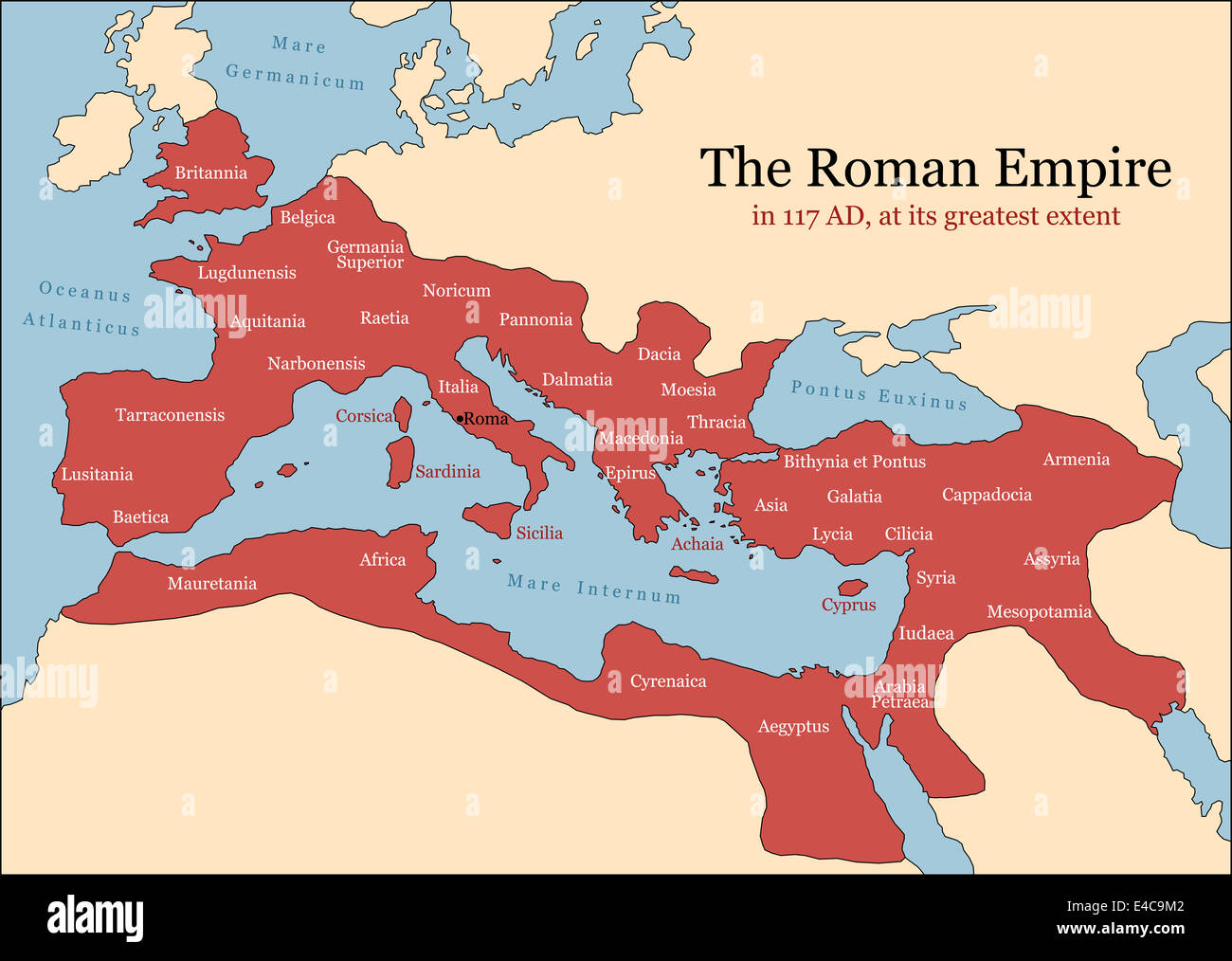 The Roman Empire at its greatest extent in 117 AD at the time of Trajan, plus principal provinces. Stock Photo