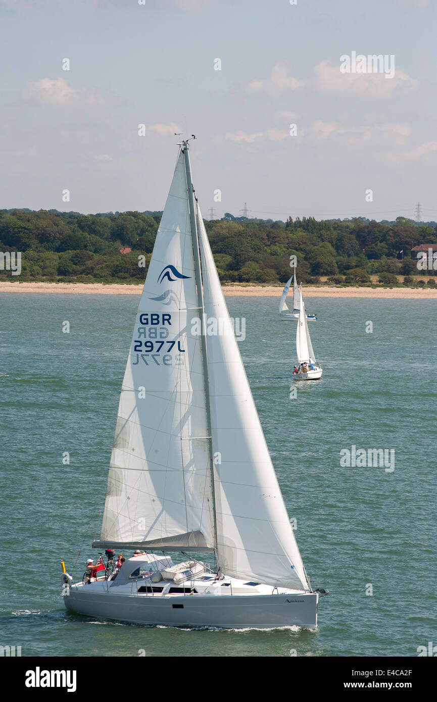 Yacht sailing just off the coast of the Isle of Wight, England Stock