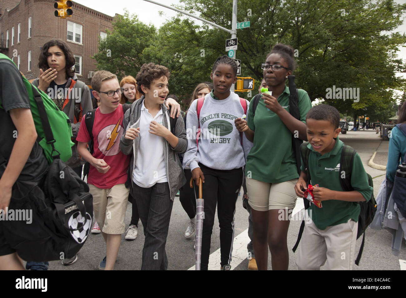 Students walking after school from a charter school in the Windsor Terrace neighborhood, Brooklyn, NY. Stock Photo