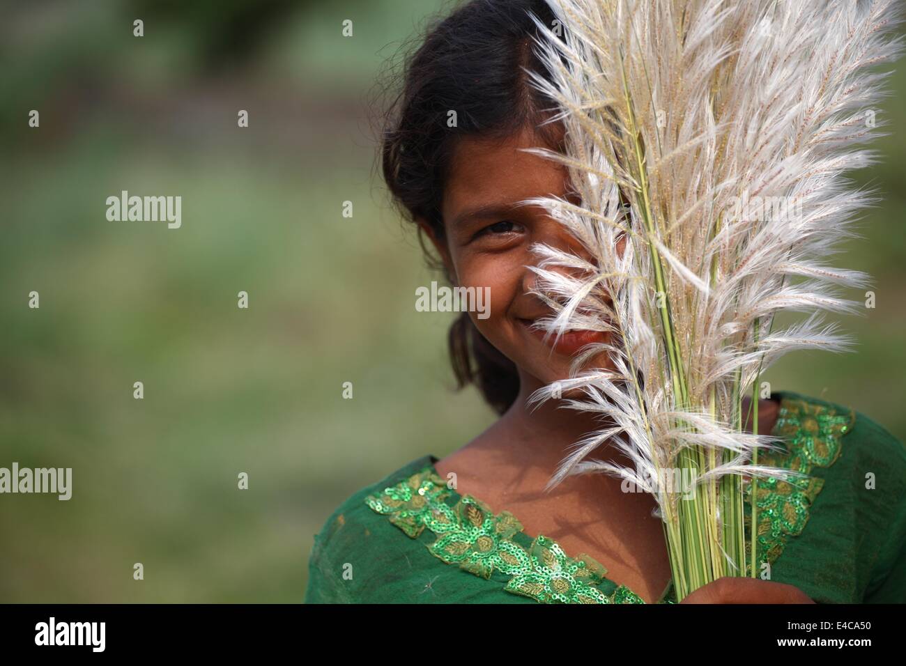 A smiley girl with kash flower Stock Photo