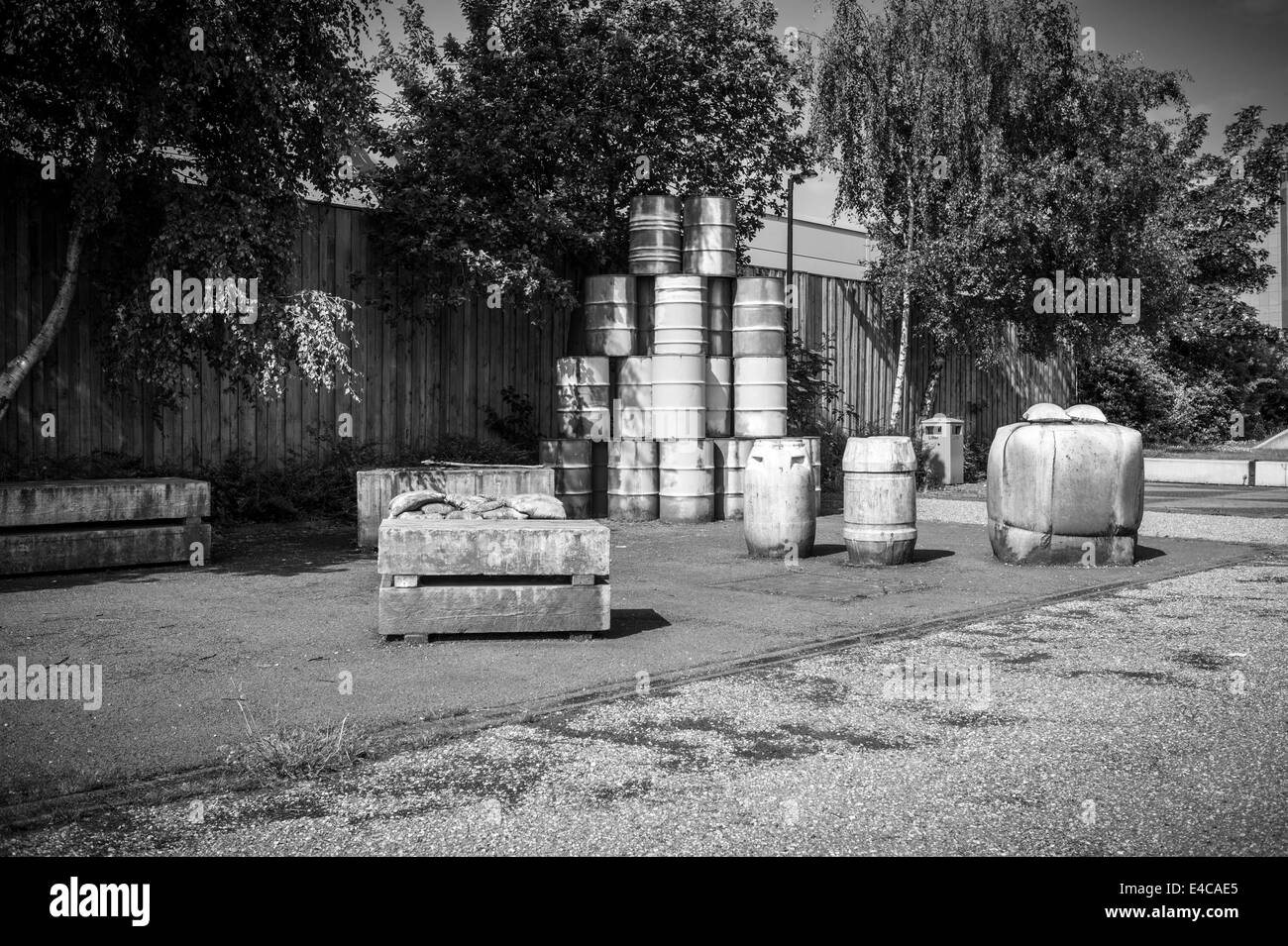 Black and white photograph, image. Silent Cargoes, sculpture, statue on Salford Quays, Salford, Manchester, UK Stock Photo