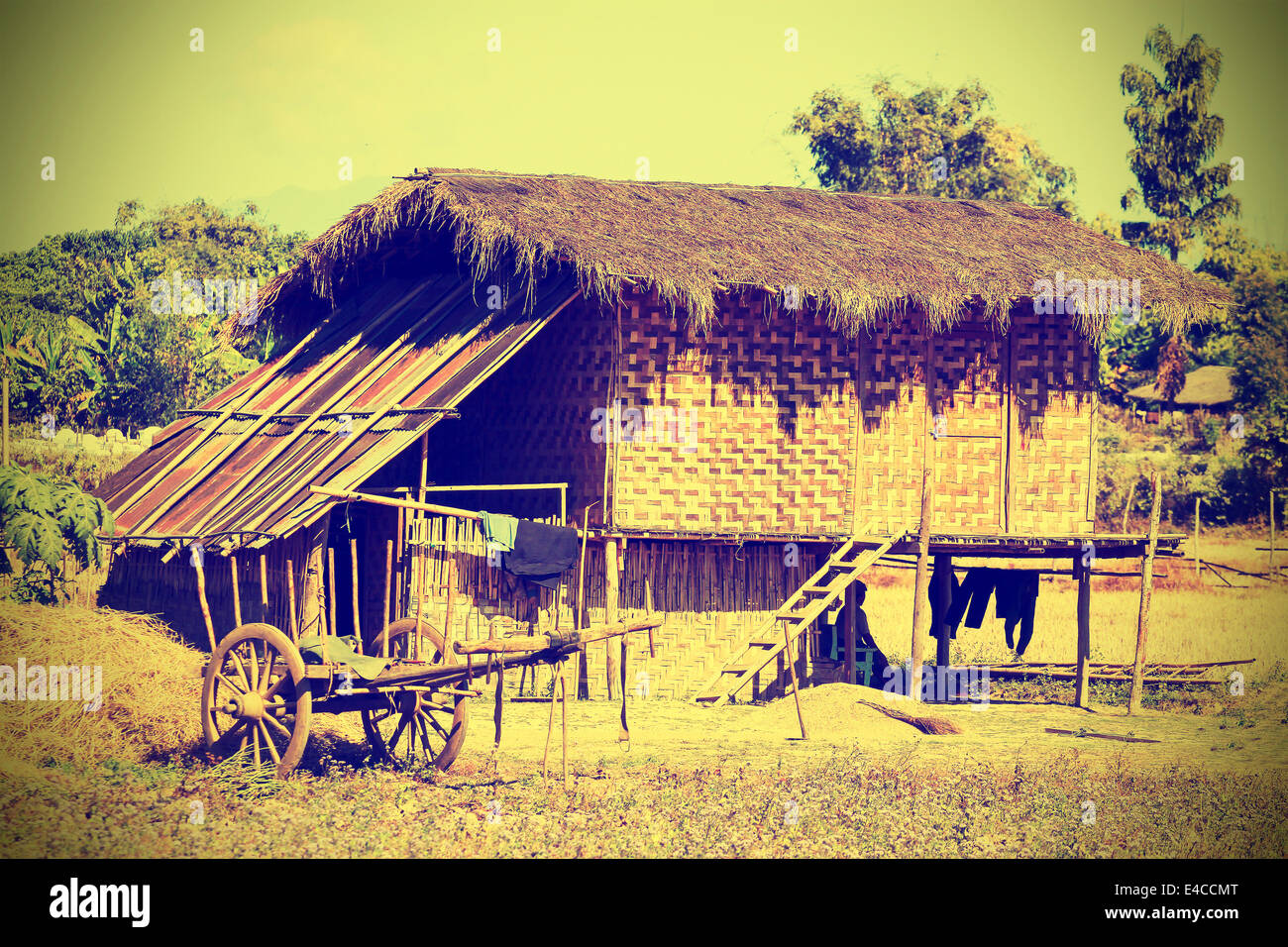 Typical village in North Myanmar (Burma), instagram effect. Stock Photo