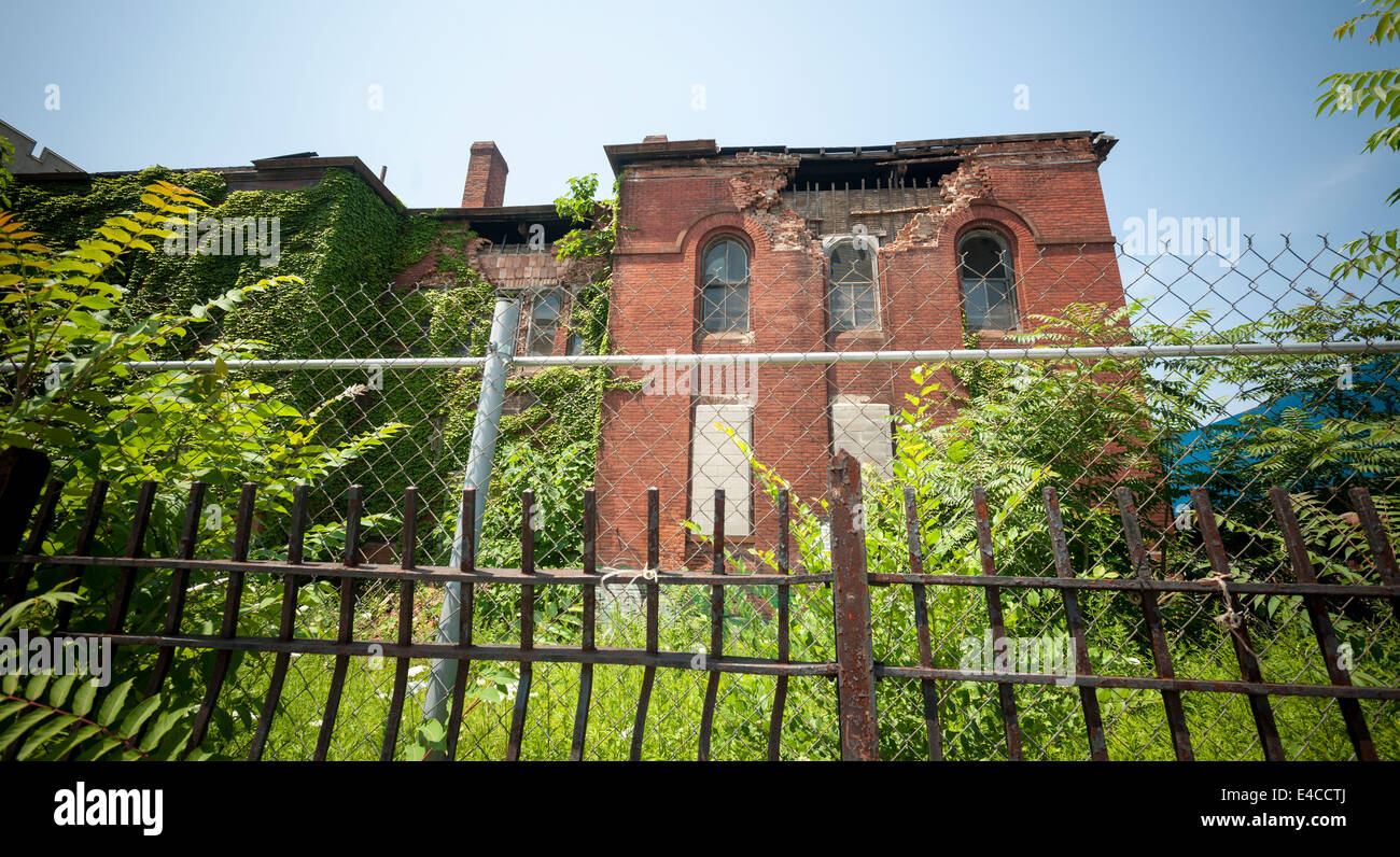 The heavily damaged Flatbush District No. 1 School at the intersection