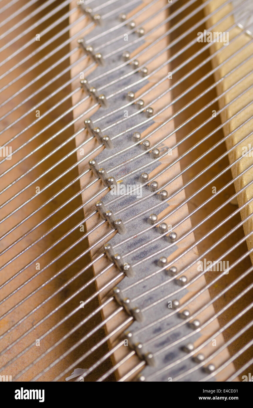Full frame take of pins and strings inside a piano Stock Photo