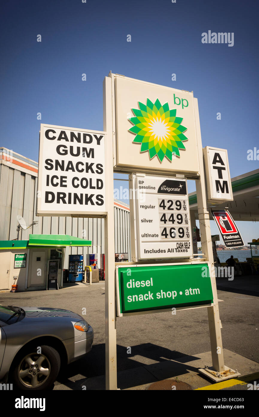 Gas prices at a BP station in New York are seen at the close of the