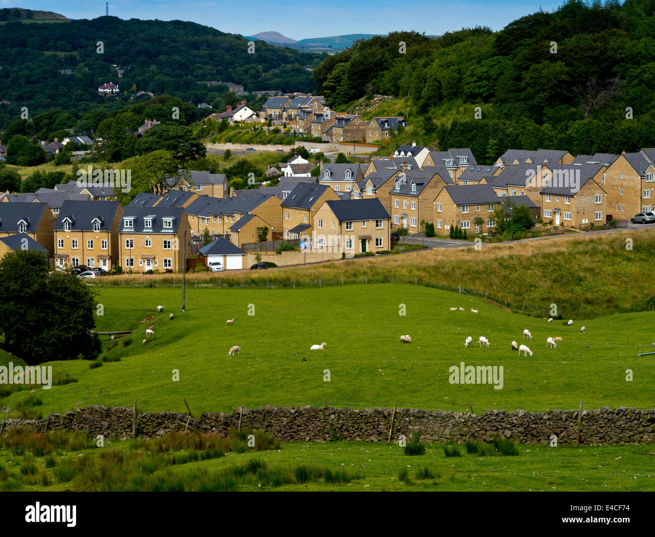 New housing estate built on countryside on outskirts of Buxton in the