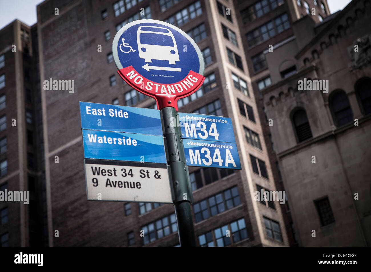 An MTA bus station with service for the M34 and M34A bus routes is pictured in the New York City borough of Manhattan, NY Stock Photo