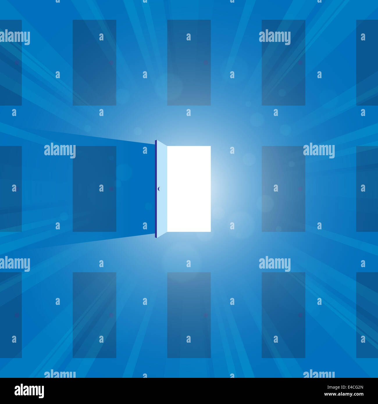 Vector illustration of one open door full of light. Stock Photo